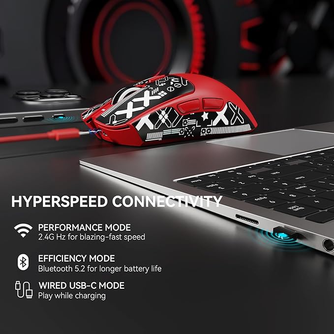 X1 Superlight Wireless Gaming Mouse with RGB Magnetic Charging Dock BT/2.4G Wireless/Wired Gaming Mouse PAW3395PRO Gaming Sensor 40000DPI Tape 53g Office Mice for PC/Mac/Win/Xbox (Red)