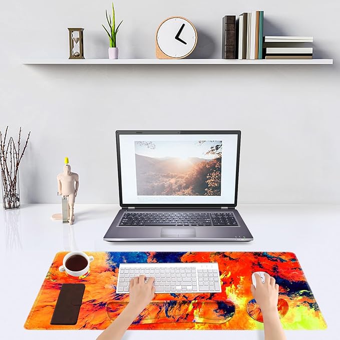 DINKY Keyboard Mouse Pad Set Large Gaming Mousepad + Memory Foam Ergonomic Keyboard Wrist Rest Support Easy Typing Pain Relief 4Pcs (35.4 x 15.7) Extended Desk Mat-Art Painting