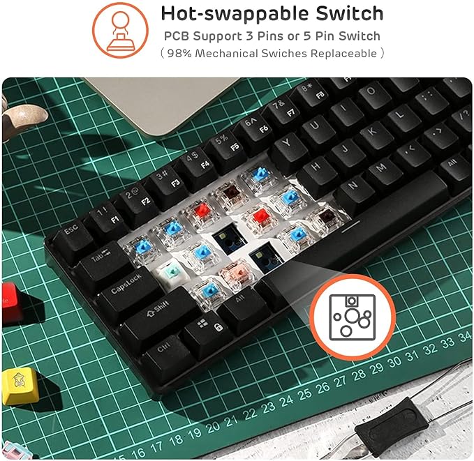 RK ROYAL KLUDGE RK61 Wireless 60% Triple Mode BT5.0/2.4G/USB-C Mechanical Keyboard 61 Keys Wireless Mechanical Keyboard Compact Gaming Keyboard w/Software (Hot Swappable Brown Switch Black)