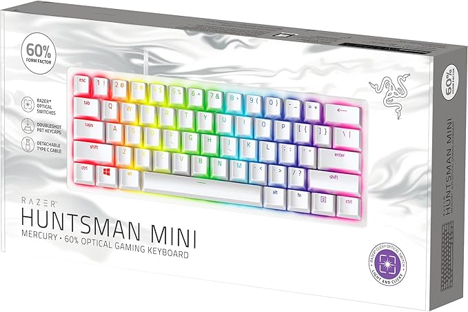 Razer Huntsman Mini 60 Percent Wired Optical Clicky Switch Gaming Keyboard with Chroma RGB Backlighting PBT Keycaps Mechanical Keyboards for PC Gaming Computer Mercury White (Renewed)
