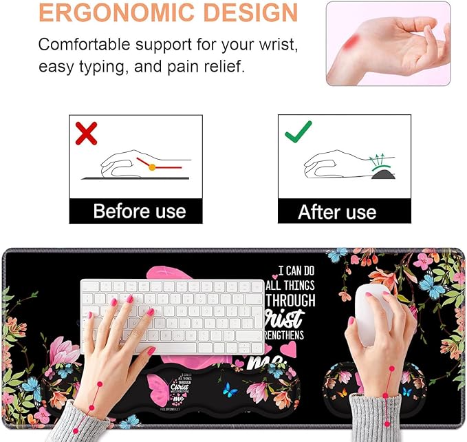 Ergonomic Keyboard Wrist Rest &amp Mouse Pad Wrist Rest SetLarge Gaming Desk Mat 31.5x 11.8 with Memory FoamEasy Typing Pain Relief for Home OfficeFloral Butterfly Quote Bible Verse Philippians