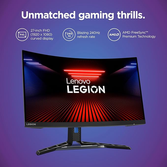 Lenovo Legion R27fc-30 Gaming Monitor 27 FHD Curved 280Hz 0.5ms MPRT AMD FreeSync VESA Adaptive Sync Lift/Tilt/Pivot/Swivel Stand HDMI 2.1 and DisplayPort 1.4 350 nits Raven Black