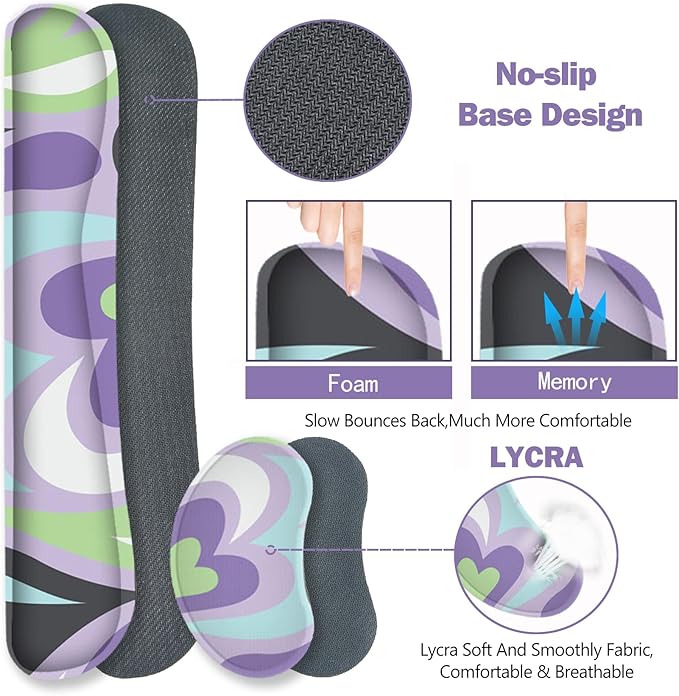 ToLuLu Extended Gaming Mouse Pad Memory Foam Ergonomic Keyboard Mouse Wrist Rest Support Set Large Desk Mat with Stitched Edges Non-Slip Base Mousepad for Home Office Game Study Purple Hearts