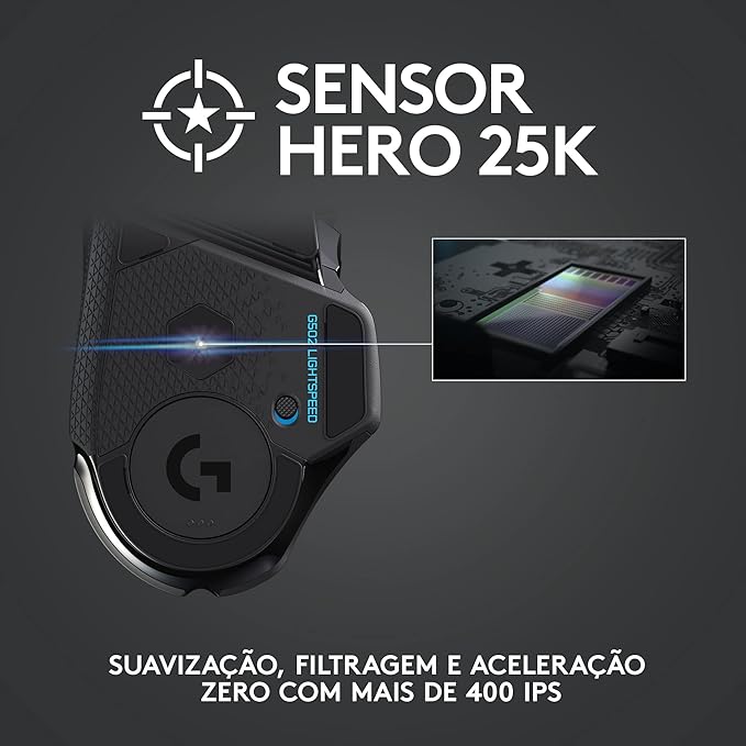 Logitech G - G502 Lightspeed + Hero - Mouse Inalámbrico de Hasta 16000 DPI Botones Programables Peso Ajustable con Iluminación RGB para Gaming - Negro