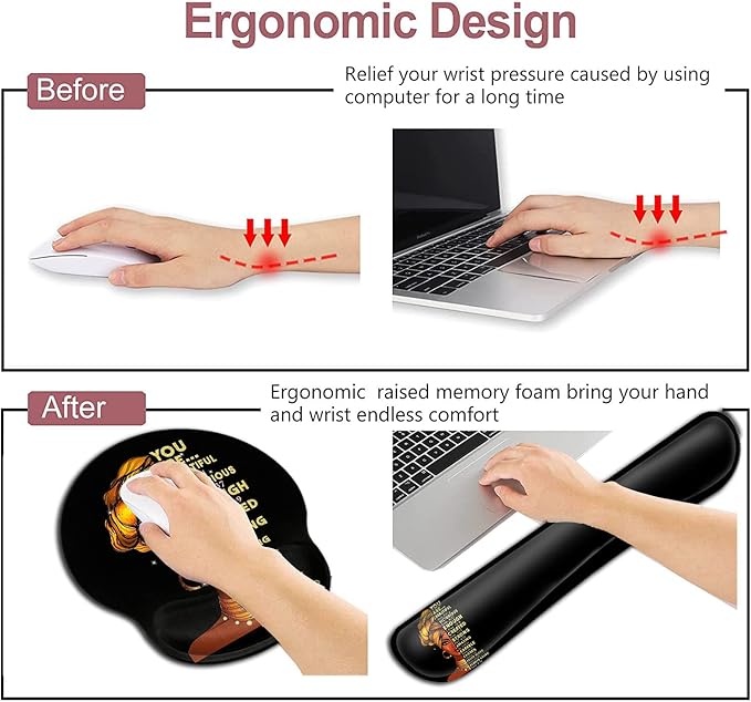 Black Mouse Pad with Stitched Edge Non-Slip Rubber Base Office Accessories Desk Decor for Computers Mouse Pad and Keyboard Wrist Guard SetAfrican American Wall Art Black Woman Queen Pattern