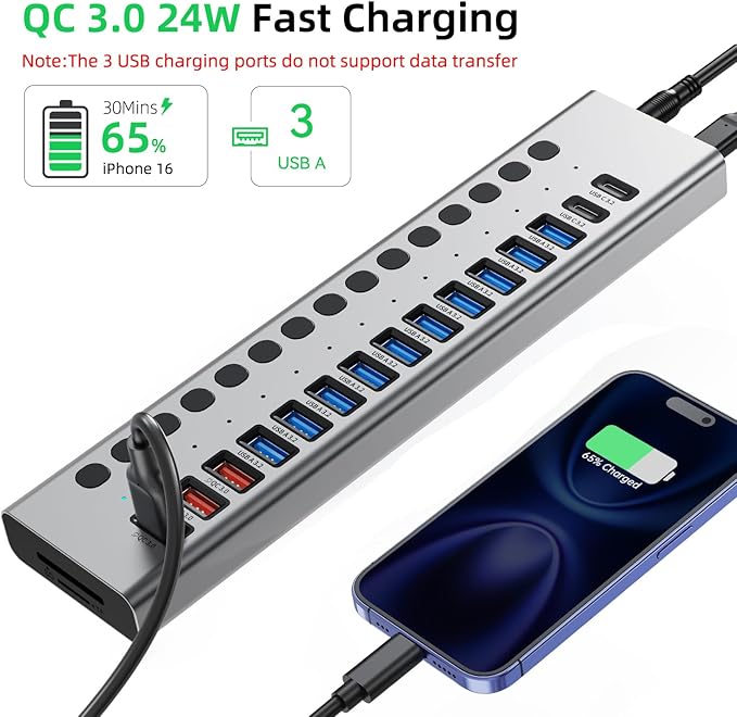 Powered USB Hub 10Gbps 17 Ports 96W USB 3.2 Hub(10 USB-A 3.2 Ports+3 QC 24W Fast Charging Ports+2 USB-C 3.2 Ports+SD/TF Card Reader) 12V/8A Power Adapter for Laptop PC Computer HDDFlash Drive