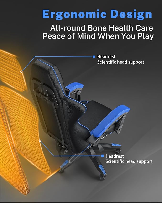 Gaming Chair with Footrest High Back Ergonomic Computer Gamer Chair with Headrest and Lumbar Support Racing Style Reclining Game Chair for Adults Kids (Blue-Black)