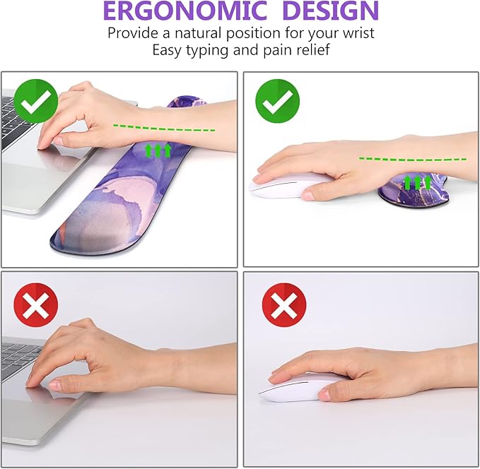 DINKY Keyboard Mouse Pad Set Large Gaming Mousepad + Memory Foam Ergonomic Keyboard Wrist Rest Support Easy Typing Pain Relief 4Pcs (35.4 x 15.7) Extended Desk Mat-Modern Purple Marble