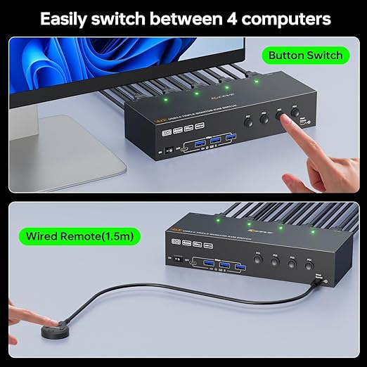 KVM Switch 3 Monitors 4 Computers 4K@60HzEDID SimulationUSB 3.0 HDMI Displayport KVM Switch Triple Monitor for 4 PC Share 3 Monitors and Keyboard Mouse Printerwith Wired Remote and 4 USB Cables
