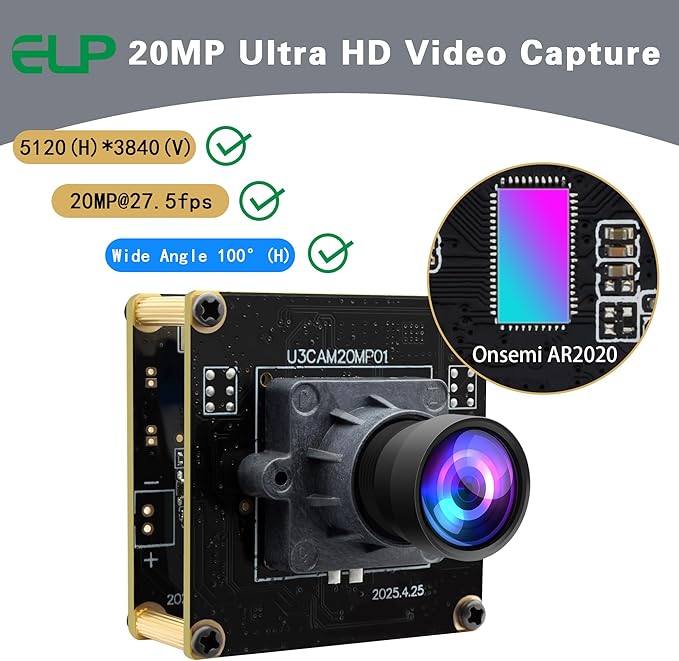 ELP Ultra HD 20MP USB3.0 Camera Module for Computer Mini UVC 3840P USB3.0/2.0 Lightburn Cameras for Windows Linux Mac Pi Wide Angle 95°(H) AR2020 4K 30FPS Webcam Board for PC Laptop Jetson Nano