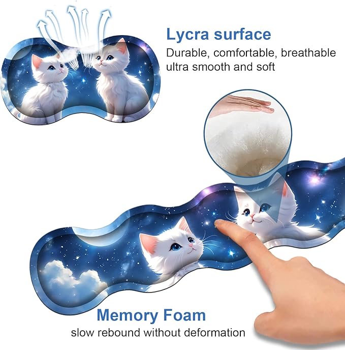 4 in 1 Ergonomic Memory Foam Mouse Pad Wrist Rest Set Large XXL Gaming Desk Pad + Keyboard Wrist Rest + Mouse Wrist Cushion + Coaster for Home Office Study Gaming Cute Cat