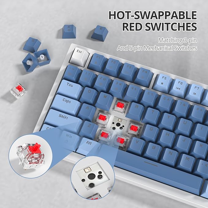 75% TKL Wired Mechanical KeyboardRGB Backlit Gasket Mount 82 Key Hot Swappable Custom Linear Red Switch Gaming Keyboard with Volume Knob &amp PBT Keycaps (82 Sea Fog Blue)