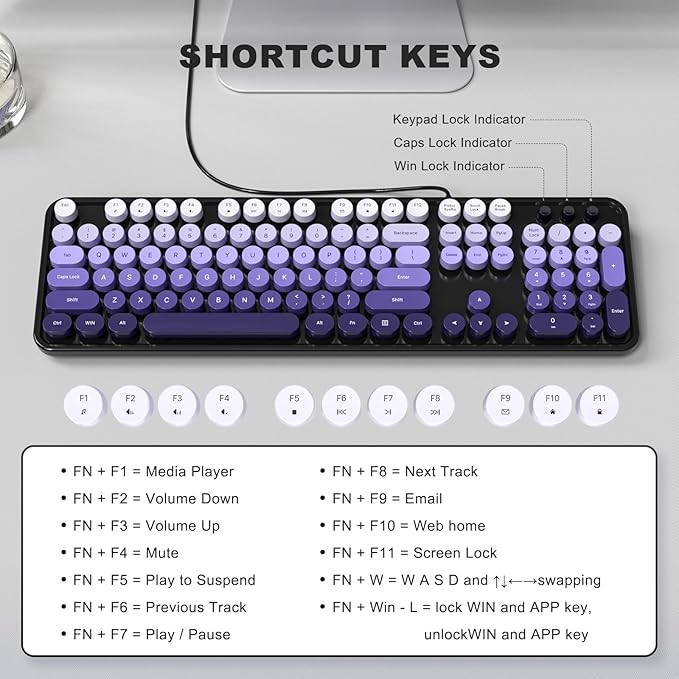Computer Keyboard Wired Plug and Play USB Retro Round Typewriter Keyboard Full Size Wired Keyboard with Foldable Stands for Laptop and Office PC- Black Purple Gradient