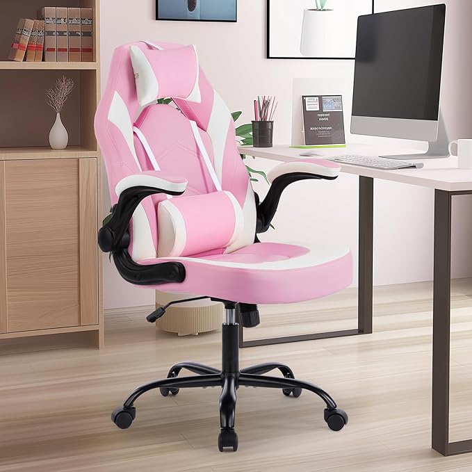 OLIXIS Computer Gaming Desk Chair - Ergonomic Video Game with Comfy Lumbar Support and headrest PU Leather with Flip-up Arms Adjustable Height and Swivel Wheels for Adults Pink