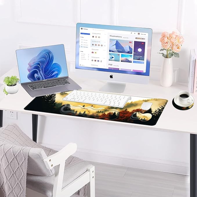 Large Keyboard Mouse Pad Set Extended Mouse Pad+Keyboard Wrist Rest Support Memory Foam Ergonomic Easy Typing 4Pcs (31.5×11.8 in) Desk Pad Set for Office HomeNature Misty Forest