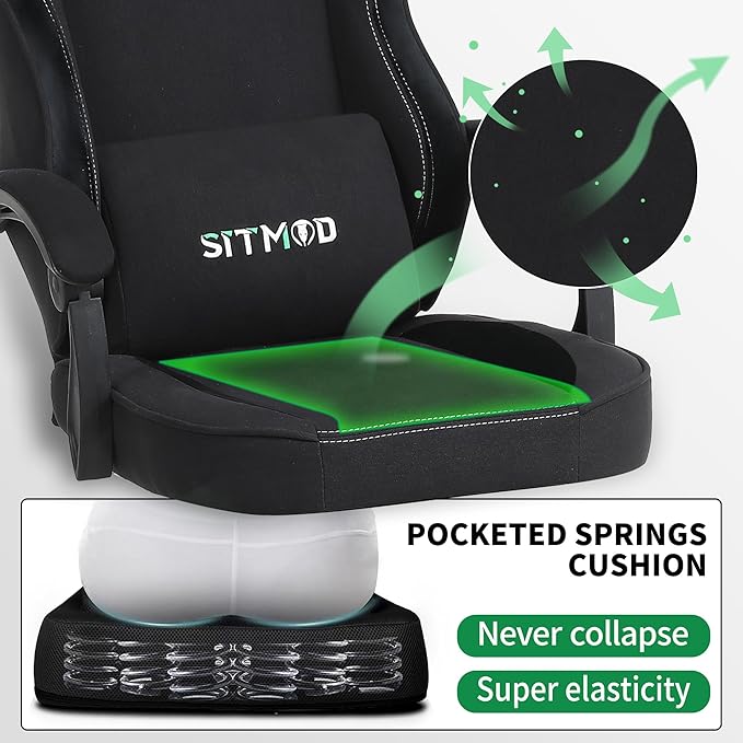 Gaming Chair Fabric with Pocket Spring CushionErgonomic Computer Office Chair Cloth with Footrest and HeadrestHigh Back Game Chair with Lumbar SupportAdjustable Backrest for AdultsBlack