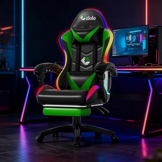 Gaming Chair Racing Style RGB LED Lights Gaming Chairs for Adults and Kids Lumbar Massager Gamer Chair High Back Reclining Computer Chair with Footrest and Headrest (Black/Green)
