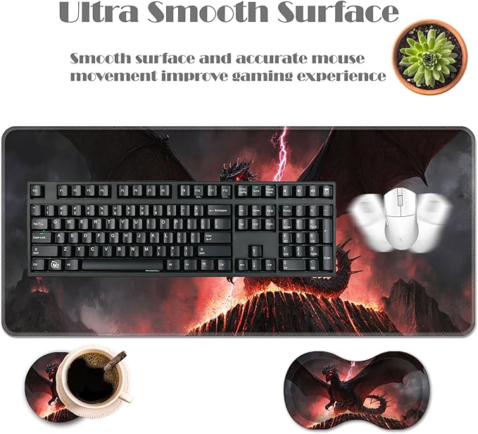 Ergonomic Keyboard Wrist Rest &amp Mouse Pad Wrist Rest SetXL Gaming Desk Mat 31.5x 11.8Non-Slip BaseMemory FoamEasy Typing Pain Relief for Office &amp HomeDark Dragon Pink Lightning