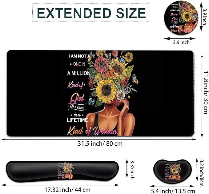 JVGFYNKL Large Gaming Mouse Pad Set Ergonomic Memory Foam Keyboard Wrist Rest Support + Mouse Wrist Rest + Extended Desk Mat with Non-Slip Rubber Base Inspiring Sunflower Girl Pattern Black Desk Pad