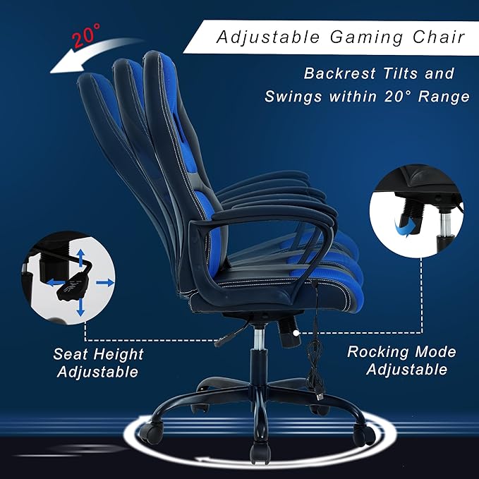 Silla Gamer Ergonomic Massage Gaming Chair - Blue Leather Desk Chair for Adults and Kids