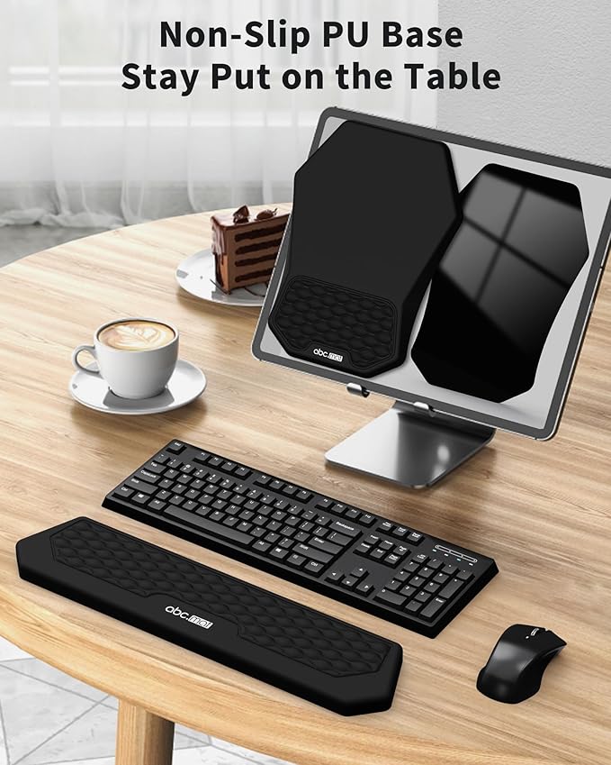 Ergonomic Mouse Pad and Keyboard Wrist Rest Support Set Massage Design Mousepad for Carpal Tunnel Pain Relief Memory Foam Non-Slip PU Base for Computer Desk Black