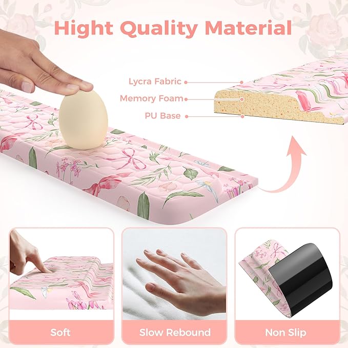 2 in 1 Keyboard Stand for Desktop Floral Wrist Support for Keyboards Anti-Fatigue Memory Foam Wrist Rest for Computer 3-Angle Adjustable Keyboard Riser for Office Home (Pink Bow)