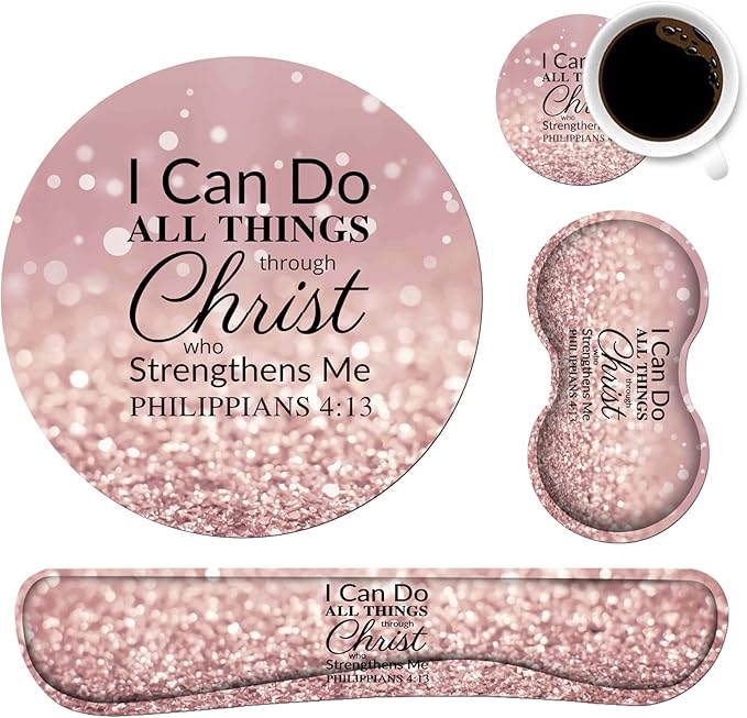 Keyboard Wrist Rest and Mouse Pad Wrist Rest Set with Coasters [4Pcs] Memory Foam Easy Typing Pain Relief Non-Slip Rubber Base for Computer Laptop Home &amp Office Bible Verse Philippians 4-13