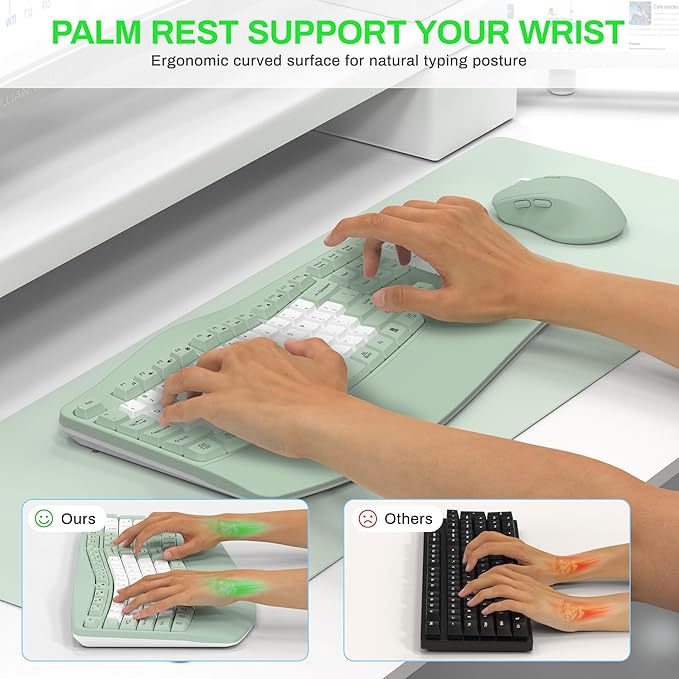 Wireless Keyboard and Mouse Combo2.4G Full Size Wave Keys Ergonomic Keyboard with Wrist Rest for Natural Typing 3 DPI Adjustable Ergonomic Mouse for Computer/Laptop/Windows/Mac (Avocado Green-B)