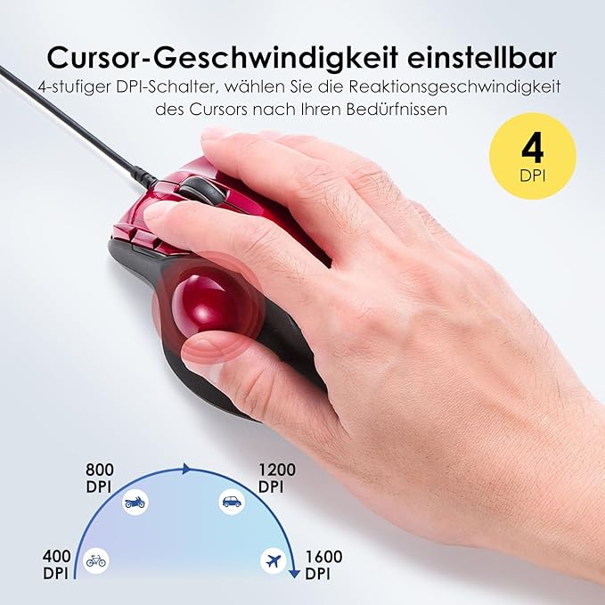SANWA Wired Ergonomic Trackball Mouse Programmable Roller Ball Mice Tilt Scroll 400/800/1200/1600 DPI Computer trackball &amp Finger Rest Compatible with Mac Windows Laptop Chrome OS Red