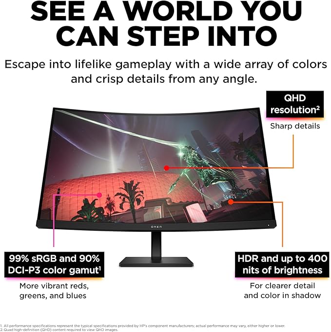 HP OMEN 32c QHD 165Hz Curved Gaming Monitor QHD Display (2560 x 1440) VA Panel 99% sRGB 90% DCI-P3 16:9 AMD FreeSync Premium Technology 32c (2023)