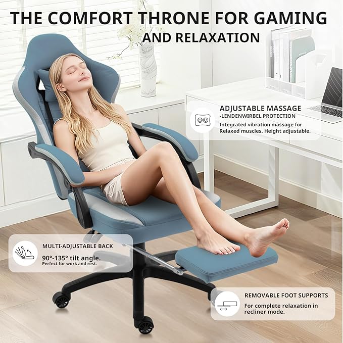 Dowinx Gaming Chair Breathable Fabric Game Chair with Gel Pad and Storage Bag Comfortable Gamer Chair with Pocket Spring CushionErgonomic Computer Chair with FootrestBlue