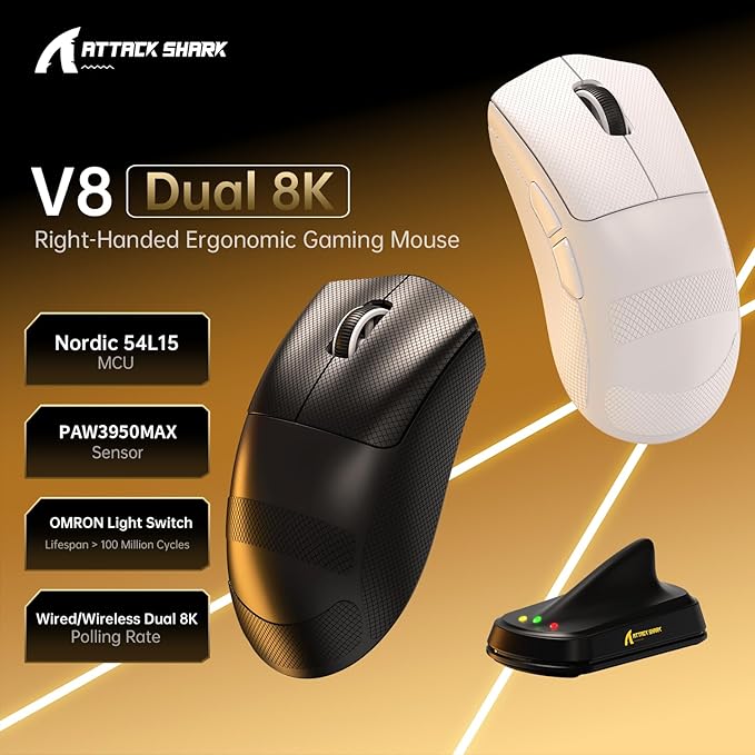 ATTACK SHARK V8 Wireless Gaming Mouse 59g Lightweight BT/2.4G Wireless/Wired Mouse PixArt PAW3950MAX Gaming Sensor 8K Polling42000 DPICoiled CableTapeOffice Mice for PC/Win/Mac(Black)