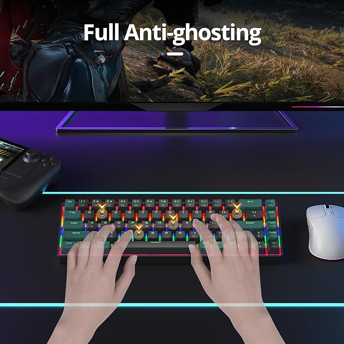 surmen 65% Mechanical Gaming Keyboard with Linear Red Switch Wired Mini Compact Keyboard 60 Percent Backlit for Laptop Desktop PC Gamers（68 Sound Wave B-Rainbow）