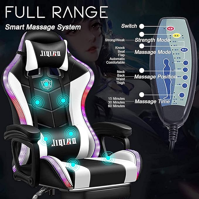 Gaming Chair with LED Light/Pro Gaming Chair with Bluetooth Speakers Full Massager Lumbar Support and Bluetooth Speaker Video Gaming Chairs LED Lights Load-Bearing 150KGWhite
