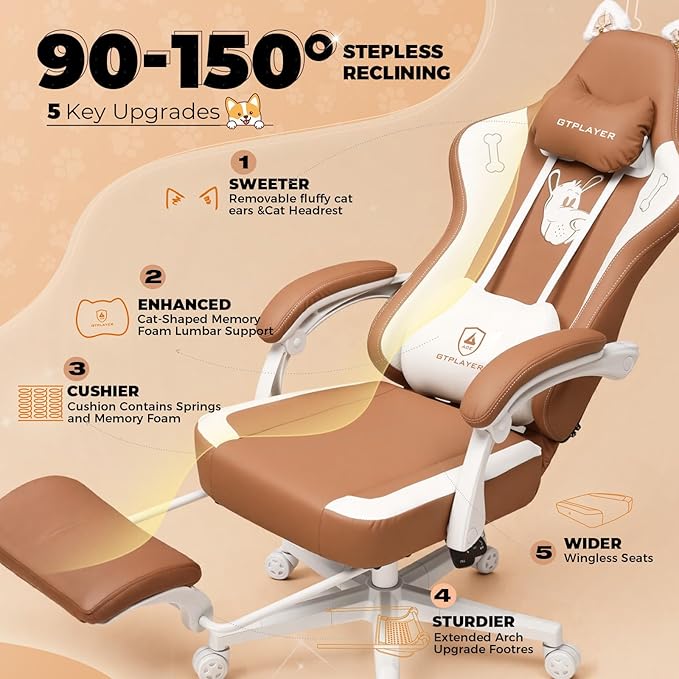 GTPLAYER Gaming Chair Cute with Cat Ears Ergonomic Computer Chair with Dog Embroidery Adjustable Memory Foam Lumbar Support and Headrest Comfortable Reclining Office Chair for Girls Teens Women