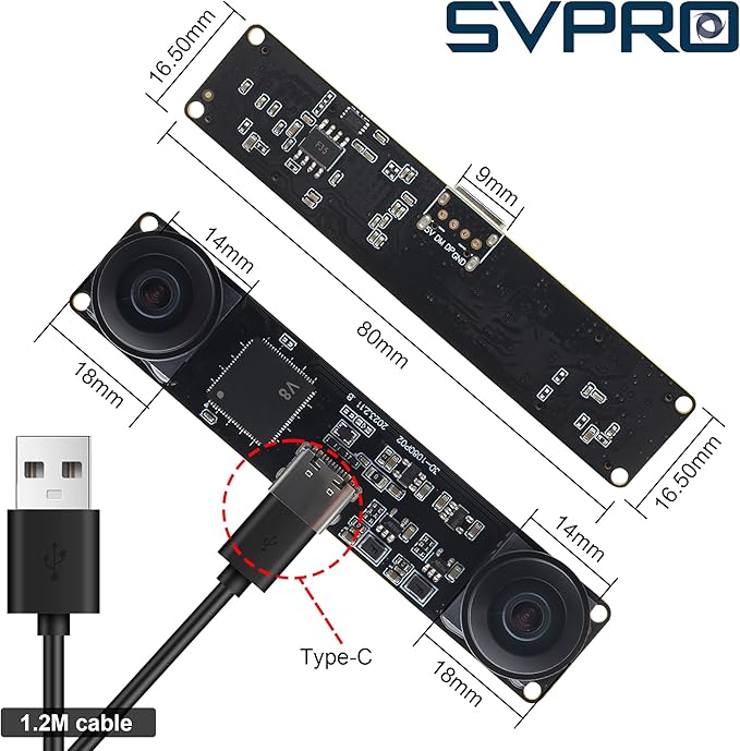 SVPRO Dual Lens USB Camera Module 1080P 60fps Fisheye UVC Industrial Camera Board Synchronisation Recording in Colour with M12 Lens Distortion-Free Wide Angle Board Camera