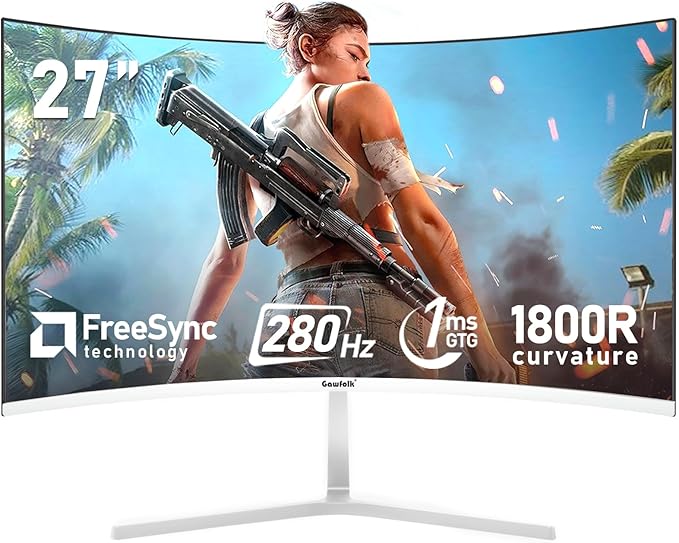 Gawfolk 27 Inch PC Computer Screen1800R Curved Gaming 280Hz Monitors FHD 1080p 1ms Freesync 98% sRGB178 ° Angle View HDMI2.0、DisplayPort Compatible with Wall-Mounted 100 * 100MM-White
