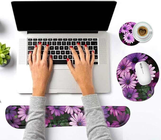 Keyboard Wrist Rest and Mouse Pad Wrist Support Set with CoastersErgonomic Gaming Mousepad for Home Office Working Studying Easy Typing &amp Pain ReliefAfrican Daisy