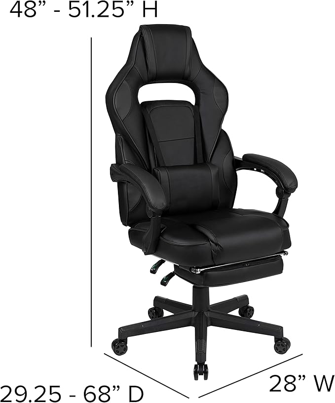 EMMA + OLIVER Black Ergonomic Gaming Chair -Recline Back/Arms Footrest Massaging Lumbar