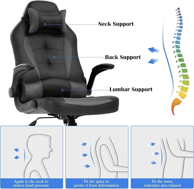 Gaming Chair High Back Computer Chair Egonomic Office Chair PU Leather Video Game Chairs Swivel Executive Chairwith Flip Up Arm Headrest Racing Chairs Rolling Chair for Adults Grey
