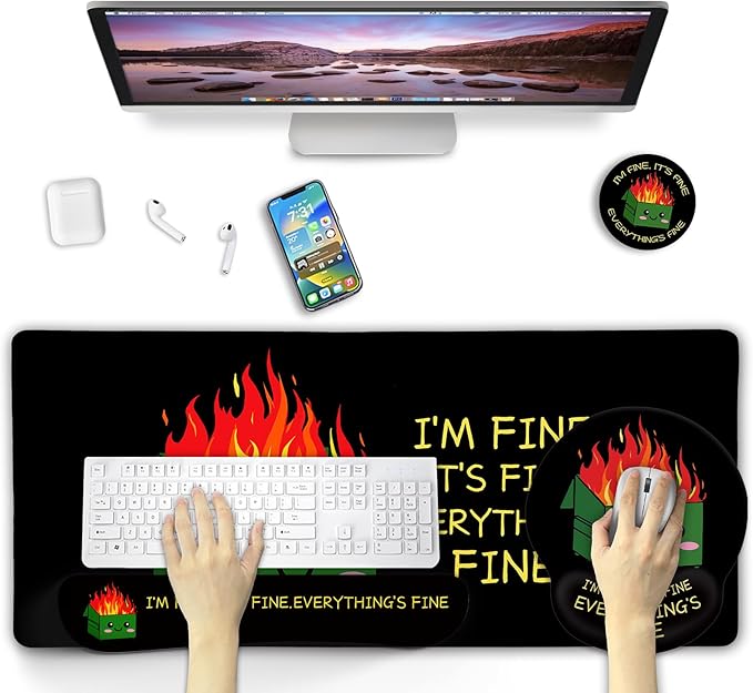 Blusabaca Dumpster on Fire Mouse Pad Desk Pad Funny Cute Desk Mat Large Gaming Mouse Pad with Wrist Rest Keyboard Pad Wrist Rest Ergonomic Cup Coaster Work Home Desk Accessories Office Supplies