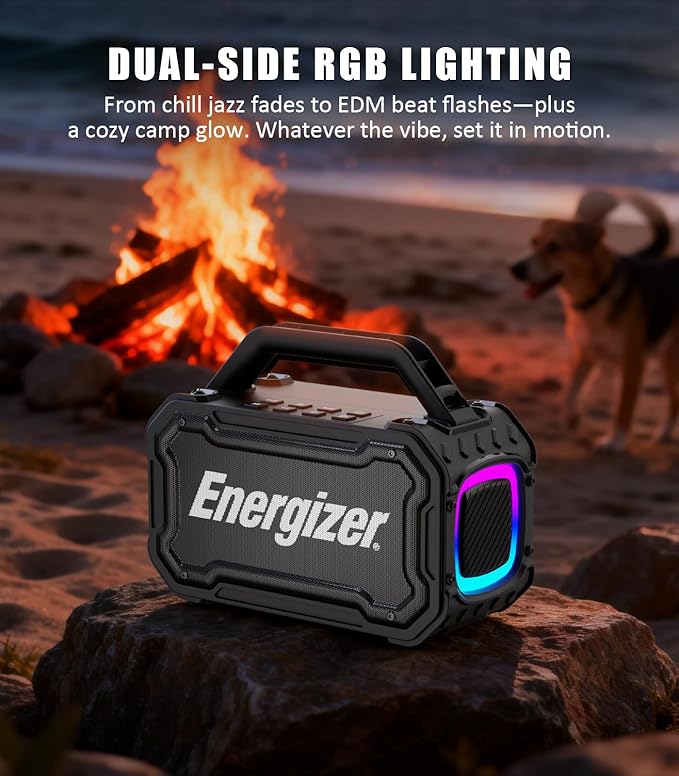 Energizer 100W Portable Wireless Bluetooth Speaker | 24-Hour Playtime | IPX6 Waterproof | Outdoor Ready | LED Light Show | TWS Pairing | Perfect for Outdoor Party Beach Camping Travel Garage