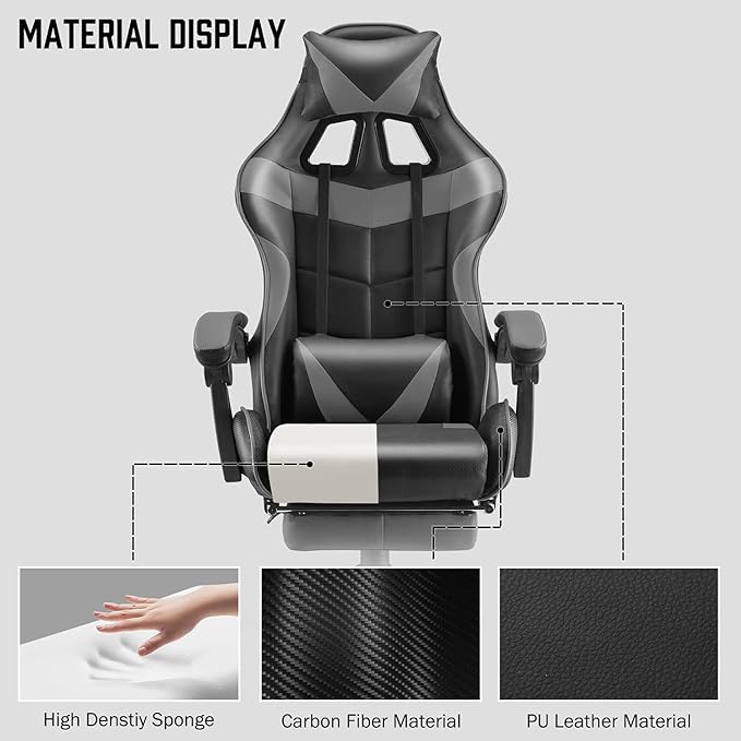 Huracan Gaming Computer Chair with Footrest Adjustable Video Game Chairs for Adults Heavy Duty Office Chair with Headrest and Lumbar Support Grey