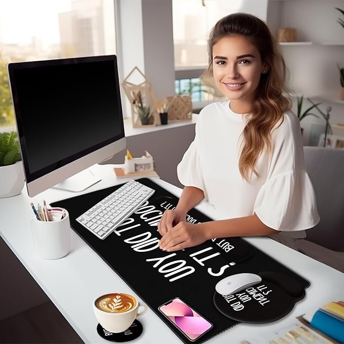 Black Mouse Pad Large Desk Mat Set Funny Mouse Pad with Wrist Rest Keyboard Wrist Support XXL Mousepad Cup Coaster Set Cute Office Desk Accessories Decor Supplies But Did You Document It