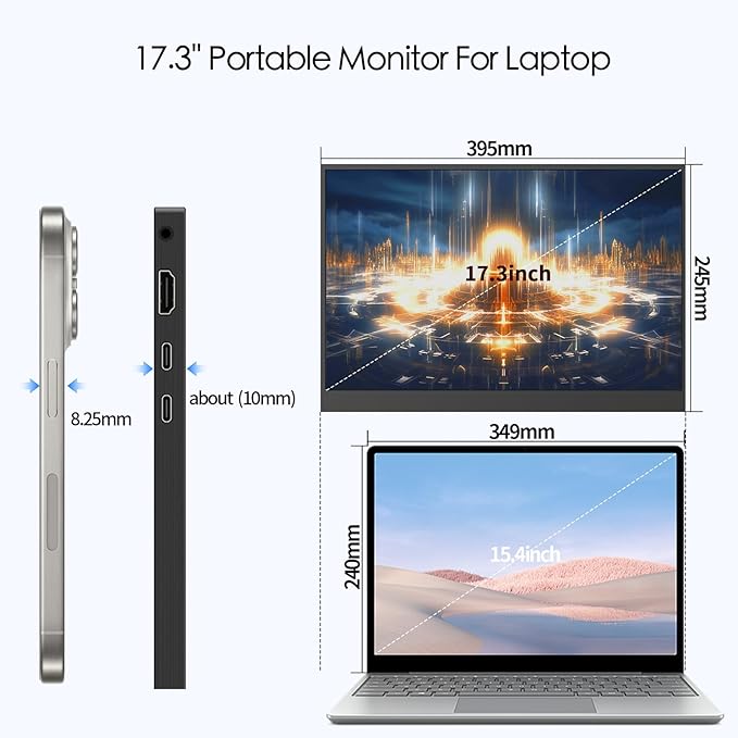 17.3''Portable Laptop Monitor2.5K (2560 * 1440p) 144hz IPS HDR GamingHDMI USB-C Ports Magnetic Case &amp VESA Portable Monitor for Laptop PC Mac Switch PS5 Xbox
