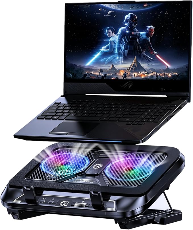Laptop Cooling Pad with Dual Core Cooler Gaming Laptop Cooler with 5.5in 2 Powerful Turbofan(9500 RPM) Fast Cooling Laptop 12-21in 5 Height Stands 100 Gear Speed LCD Screen RGB Phone Holder