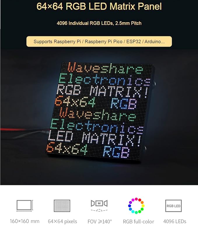 RGB Full-Color LED Matrix Panel 64×64 Pixels 2.5mm Pitch 4096 Individual RGB LEDs Adjustable Brightness Support Raspberry Pi/Raspberry Pi Pico/ESP32/Ardu Display Text Colorful Image/Animation