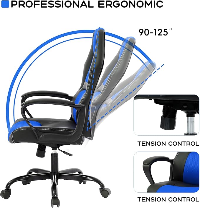 MKDLUFEI Video Game ChairErgonomic Office Chair Desk Chair and Lumbar Support PU Leather Recliner with HeadrestHeight Adjustable Computer Chair for Adults (Blue)