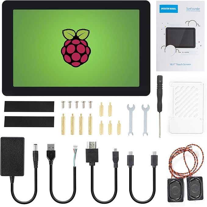 SunFounder Latest 10 Inch DIY Touch Screen All-in-One Solution for Raspberry Pi 5 IPS HD 1280x800 LCD Built-in 5.1V/5A Output HDMI 10-Point No Driver Speakers for RPi 5/4/3/Zero 2W