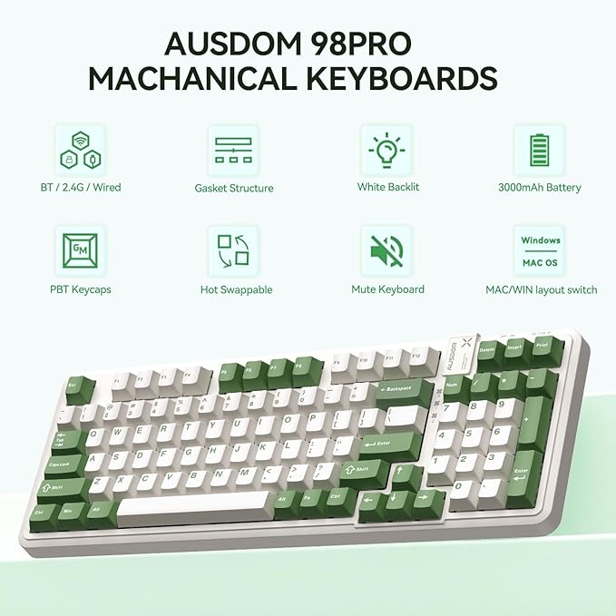 AUSDOM 98Pro Silent Mechanical Keyboard Wireless Hot Swappable Gaming Keyboard with BacklitGasket StructurePre-lubed Tactile Switches2.4GHz/Type-C/Bluetooth Custom Keyboards (Green &amp White-Sil